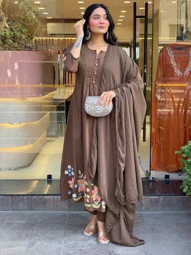 Image of GoSriKi Women's Rayon Viscose Embroidered Anarkali Kurta with Pant and Dupatta | Three Piece Ethnic Kurta Set for Women with Elegant Design