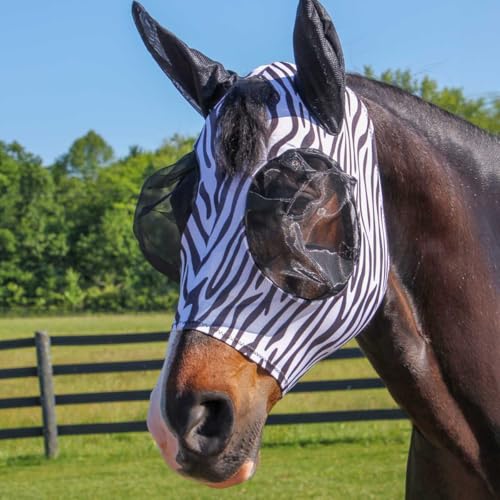 Country Pride Lycra Zebra Fly Mask for Horses Stretch Lycra with Mesh Eye Openings and Ear Covers Forelock Hole for Comfort Insect Protection Stylish Turnout and Stable Use (Large)