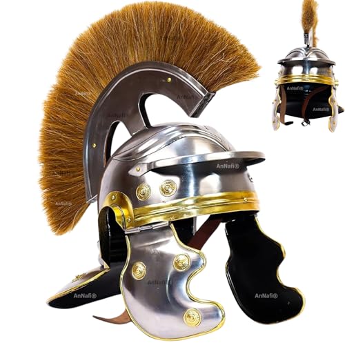 Image of AnNafi Roman Centurion Helmet w /Plume Armor, Medieval Metal Replica Helm, Soldier Costume Gladiator