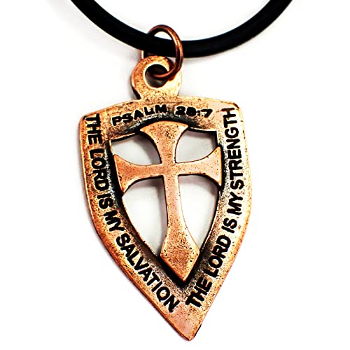 FORGIVEN JEWELRY Cross Shield Antique Copper Metal Finish Lord is My Strength and Salvation Necklace on Black Cord