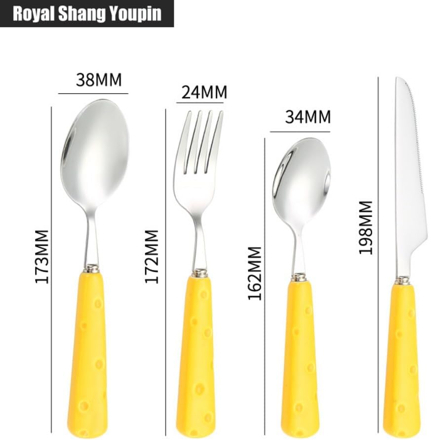 Light Luxury Cute Ceramic Cheese Handle Kitchen Stainless Steel Silverware Tableware Flatware Cutlery Set Steak Knife Fork Spoon Teaspoon (White,16 pieces)
