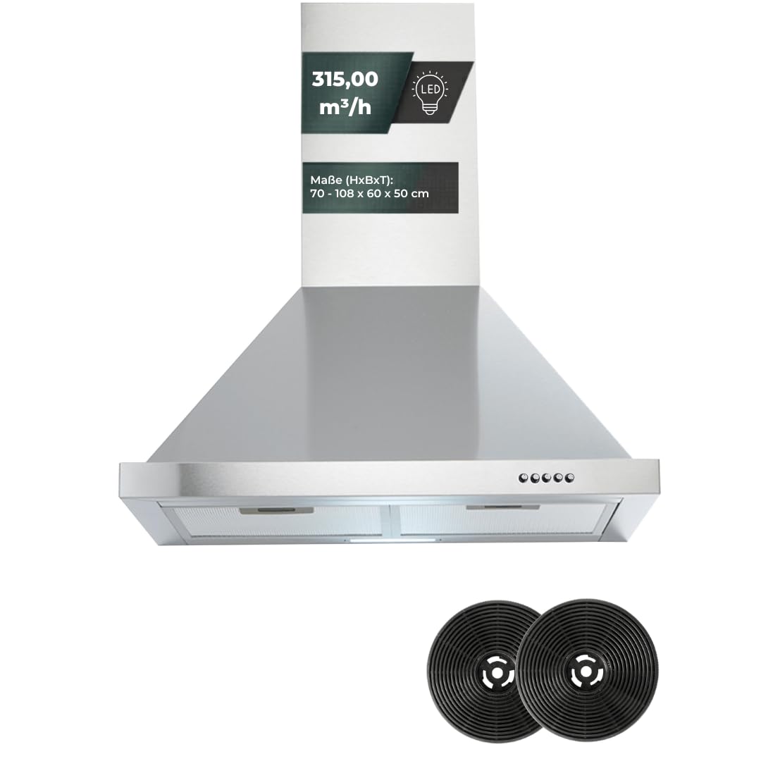 Yuna Davina WH60A Dunstabzugshaube Inklusive Kohlefilter & Fettfilter | Abluftbetrieb & Umluftbetrieb | LED-Beleuchtung | Leistung bis zu 319,40 m³/h | Energieeffizienzklasse A