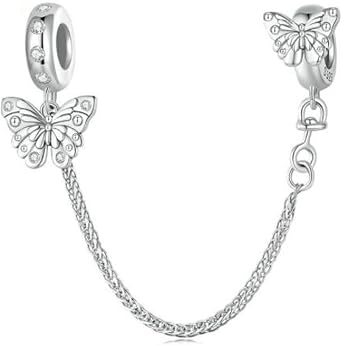 Clip Lock Spacer Stopper Charm Bead Love Heart Charm Bracelet for Women 925 Sterling Silver Safety Chain Charm for Pandora Bracelets, Crystal, Safety Chain