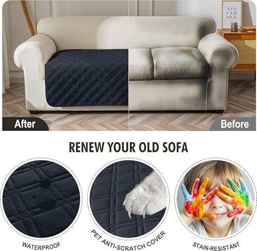Image of Genina Waterproof Couch Cover,Washable Anti-Slip 78inch Sofa Covers with 3 Cushions,Sectional Couch Covers for Pets Friendly, Sofa Slipcovers for Dogs Cats(78inch /Navy Blue)