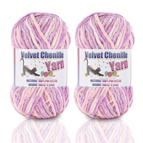 Image of 2 * 100g /3.5oz Fluffy Chenille Yarn for Crocheting, Chunky Velvet Yarn for Crochet Amigurumi, Used for Making Baby Yarns Blanket, Clothes, Pattern Knitting Creations (Pastel Purple)