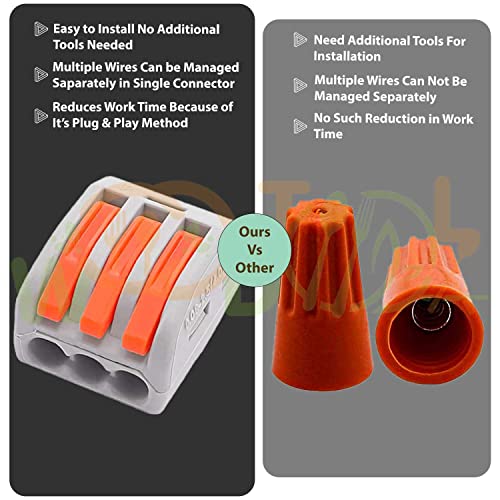 Image of 3 Circuit Inline Splices Connector - Lever Nuts Wire Connectors - Quick Wire Connectors - Compact Splicing Wire Connectors (4pcs, 3-Port, Orange)