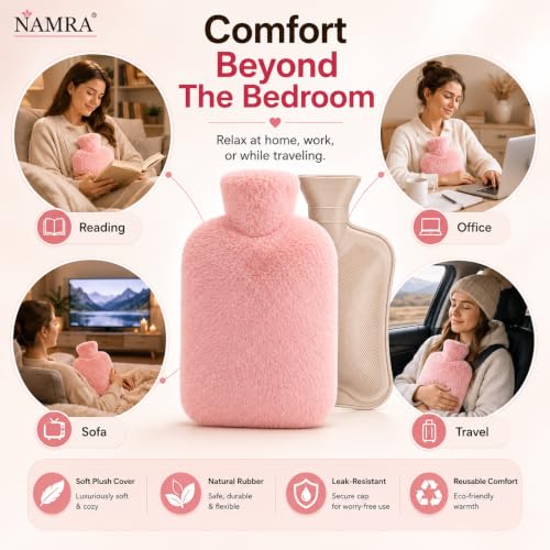 Image of NAMRA Hot Water Bag with Soft Cover 1000 ML | Hot Water Bags for Pain Relief,Period Cramps | Ideal for Neck,Hand Feet and Shoulder,Menstrual,Hot and Cold Compress (1000 Ml Pink)
