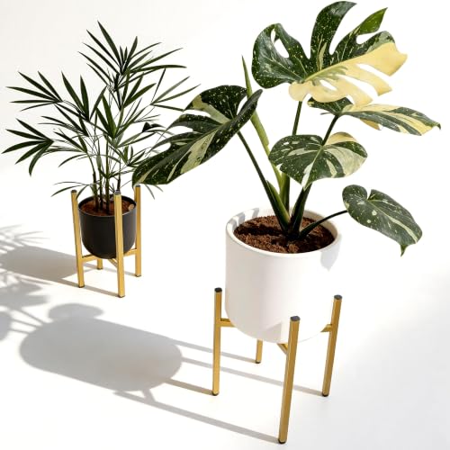 RAINBLELAND Gold Metal Plant Stand for Indoor Plants, Adjustable Heavy Duty Plant Stand Fits 8-14 Inch Pots, Modern Brass Flower Pot Holder with Anti-Scratch Feet, Mid Century Indoor Plant Stand