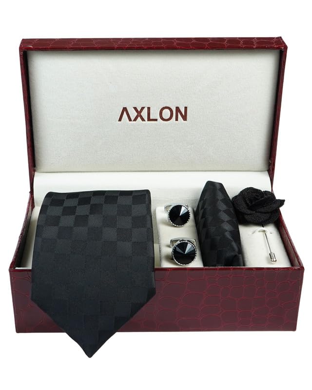 Image of Axlon Tie for Men - Micro Silk Neck Ties Set with Cufflinks Flower Pin, Pocket Square & Black Gift Box, Combo Necktie Sets for Office Wear, Formal Suits & Weddings (0, Checkpn)
