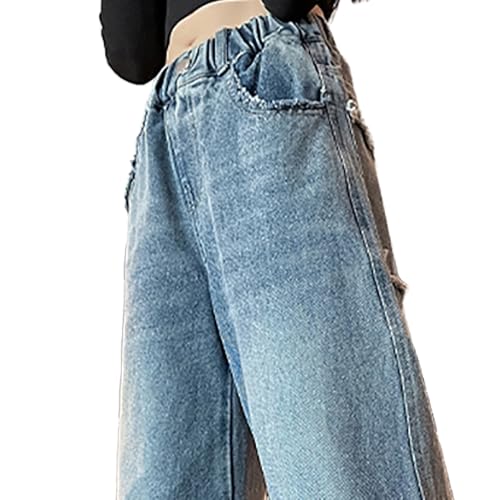Girls High Waist Wide Leg Jeans - Elastic Waist Baggy Denim Pants with Frayed Pockets, Vintage Loose-Fit Trousers4
