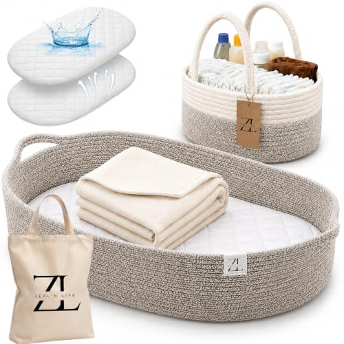 Image of ZEAL'N LIFE Baby Changing Basket Set, 100% Natural Woven Cotton Rope | 5 Pcs Unisex Moses Basket, Caddy, Blanket, Changing Pad Dual Layer Waterproof Cover & Tote Bag | Vacuum Pack - Ships Folded