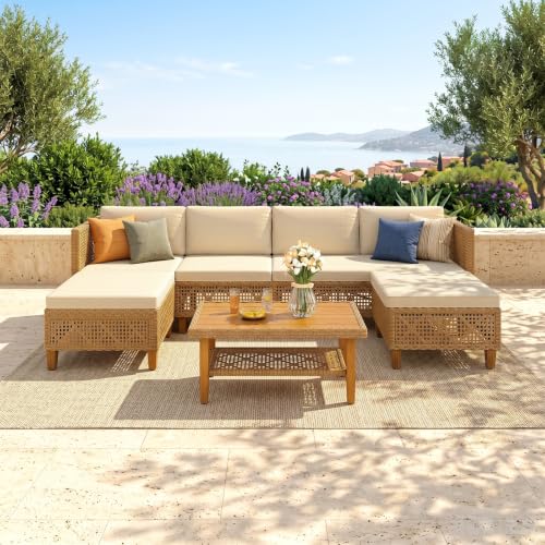 Image of PHI VILLA Wicker Patio Furniture Set, Rattan Patio Sectional Sofa Outdoor Couch Set with Acacia Wood Coffee Table, 7 Pieces U-Shaped Patio Conversation Set for Backyard Porch, Beige Cushion