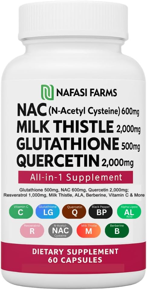 All-in-one NAC Supplement N-Acetyl Cysteine, Quercetin, Milk Thistle, Glutahione, Vitamin C, Black Pepper Extract, Resveratrol, Alpha Lipic Acid, Berberine All Natural 60 Capsules.