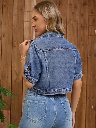 Women's Short Sleeve Denim Jacket Button Down Classic Casual Cropped Jean Jacket4