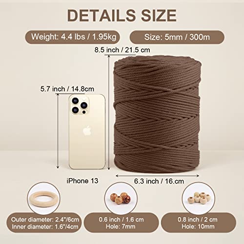 Image of ZUEXT Macrame Cord, Brown, 5mm x 328yds Cotton String Macrame Yarn | Natural Handmade, 4 Strands Twisted Cotton Rope, for Craft Wall Hanging Weaving Tapestry Dream Catchers Hanger DIY Gift, 300m