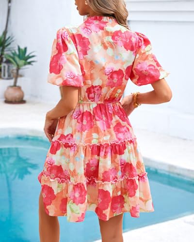 Image of BTFBM Women Summer Floral Short Dresses V Neck Short Sleeve Tiered Ruffle Boho Swing Dress A-Line Mini Dresses
