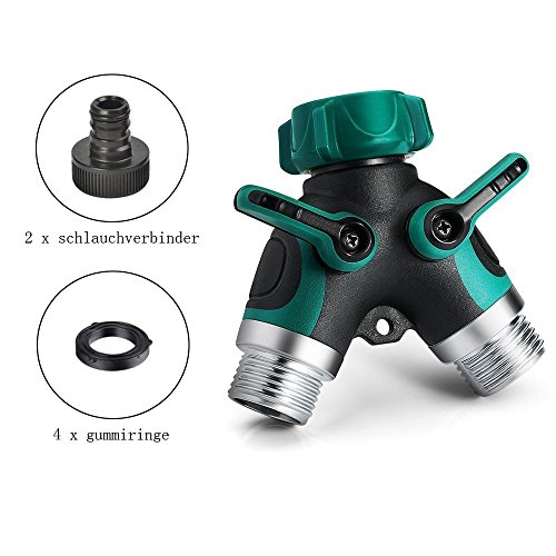 Balfer, empalme de manguera con 2 salidas, boquilla de empalme doble para el grifo del jardín, adaptador del grifo de goma confortable con 4 arandelas de goma y 2 conectores