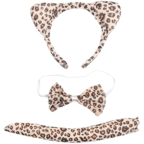 Black/Brown Leopard Spots Wild Animal Cat Ears Band Bow Tail Fancy Dress Up Set Cover