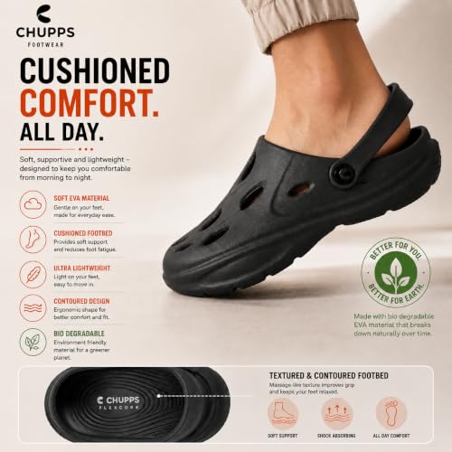 Image of CHUPPS Gator Clogs for Men | Lightweight EVA Clogs | Anti-Slip Sole | Cushioned Footbed | Breathable Ventilation | Adjustable Back Strap | Waterproof Casual Garden Clogs for Men