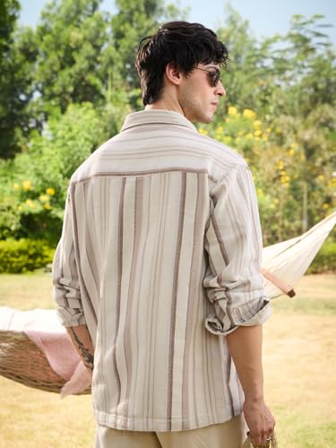 Image of The Souled Store Striped Shirt: Gold Dust Men and Boys Long Sleeve Spread Collar Cream Striped Cotton Relaxed Lightweight Easy to Style Everyday Office Wear Trendy Casual Shirt