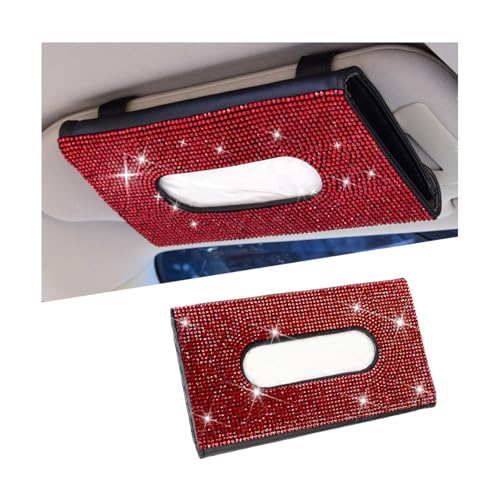 Sandfren Bling Car Tissue Holder for Sun Visor, Crystal Rhinestone Leather Vehicle Paper Towel Case, Glitter Diamond Auto Napkin Clip Accessories for Women, Universal for SUV, RV, Truck (Red/Black)