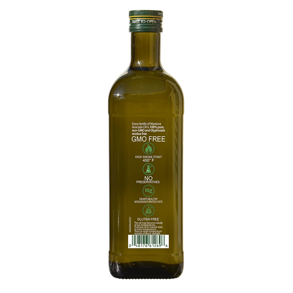 Mantova Avocado Oil 34oz, 100% Pure Avocado Oil, Trans Fat Free, Cholesterol Free, All Purpose Cooking Oil, Keto Friendly (34 ounces)