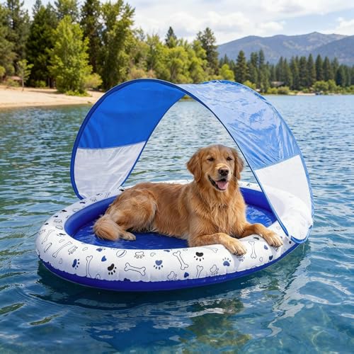 Seenelling Dog Pool Float with Canopy Inflatable Dog Water Raft for Lake Pet Swimming Float Lounger with Shade for Small Medium Large Dogs Pet Pool Accessories