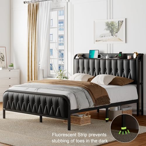 Image of Leather Full Size Bed Frame with Fast Charging Station,Full Metal Platform Beds with Upholstered Headboard & Footboard,12 inch Underbed Storage Space,Easy Assembly,Noise-Free,Black
