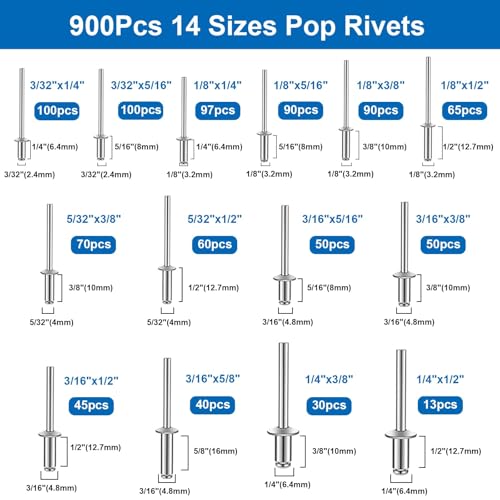 Image of smseace 1500Pcs Pop Rivets with 304 Stainless Steel Washers Assortment Kit Packed in Handheld Box 14-Sizes (3 /32 inch 1 /8 inch 5 /32 inch 3 /16 inch1 /4 inch) Assorted Blind Rivets for Metal,Furniture,Automotive,Instrument