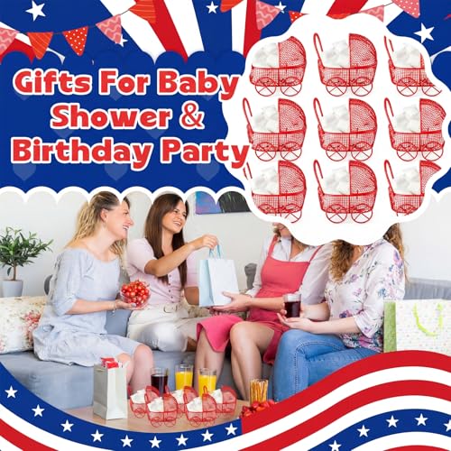 Image of Threehoney 12 Pcs Baby Shower Mini Carriage Decoration Red Strawberry Color Metal Wired Fillable Candy Stroller Baby Shower Table Centerpiece for Guest Gender Reveal Wedding Party Favor Gift
