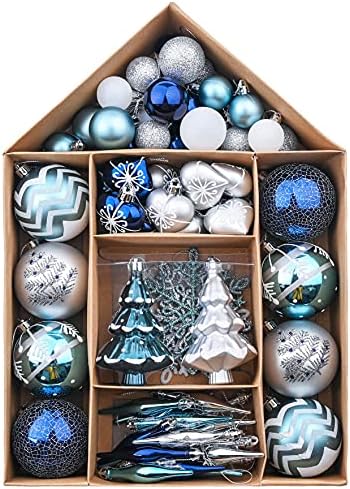 Valery Madelyn 70pcs 3-9cm Shatterproof Christmas Baubles Pack, Winter Wishes Silver and Blue Christmas Ball Ornaments for Christmas Tree Decoration