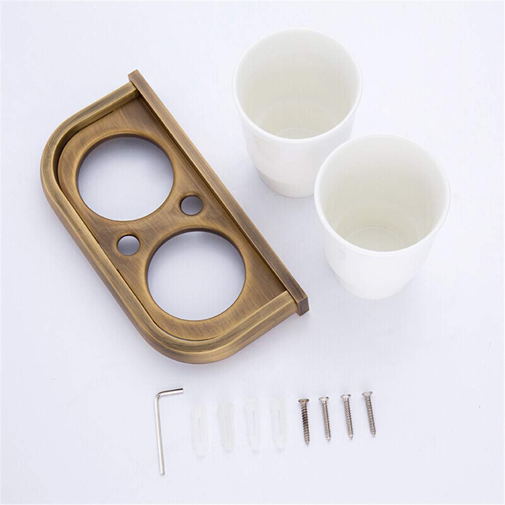 Porta Spazzolino Da Denti Da Muro, Portaspazzolino Doppio Con 2 Tazze, Bicchiere a Spazzolino da Denti Retrò, Costruzione in Ceramica e Ottone Massiccio Con Intagli Anticato a Parete Per Bagno
