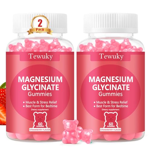 Magnesium Glycinate Gummies 2 Bottles, Sugar-Free for Adults & Kids, Magnesium Gummy for Relaxation, Stress & Muscle Relief, Supports Bone & Nerve Health, Vegan, Pectin-Based, Strawberry Fla