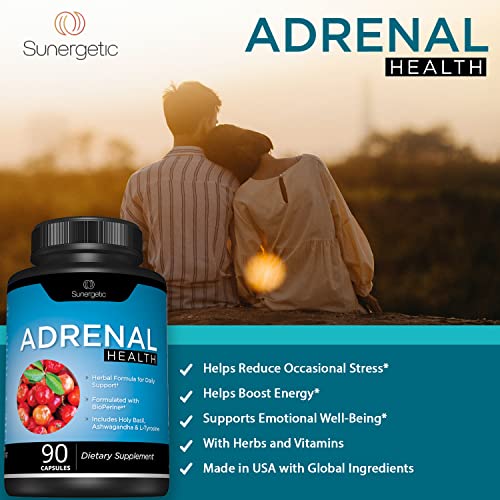 Image of Sunergetic Premium Adrenal Support Supplement - Adrenal Formula for Energy, Adrenal Health & Mood - Adrenal Complex Includes Ashwagandha, L-Tyrosine, Holy Basil & Acerola -90 Capsules