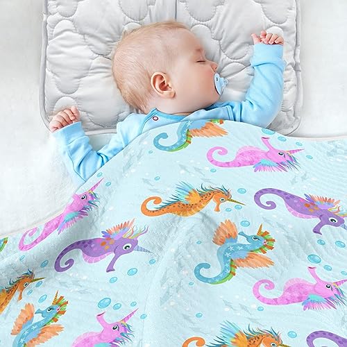 Image of Swaddle Blanket for Cute Seahorse in Water Baby Receiving Blanket Muslin Baby Swaddles Soft Cotton Breathable Nursery Blankets for Unisex Boys and Girls 30x40 Inch