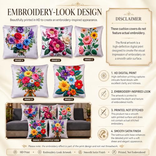 Image of Decorative Satin Sofa Cushion Covers Set of 5, 24 Inch x 24 Inch, Sofa Cushion Cover, Multicolor, Floral Design, Embroidery-Effect HD Digital Print, Zipper Closure (Springtime, 24X24 Inches)