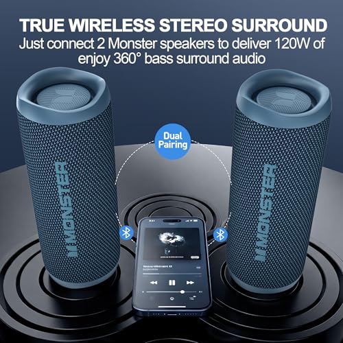 Image of Monster S620 Bluetooth Speaker, Wireless Portable Outdoor Bluetooth Speakers, 60W True Wireless Stereo IPX8 Waterproof, Dual PairingBluetooth 5.4 Built-in Mic, Perfect for Home, Blue