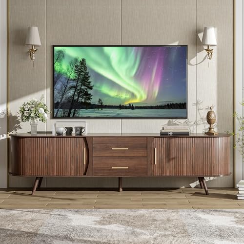 Merax 70" Fluted TV Stand for TVs Up to 80", Mid Century Entertainment Center with Sliding Tambour Doors and Drawers, Modern Curved Media Console with Storage for Living Room, Walnut