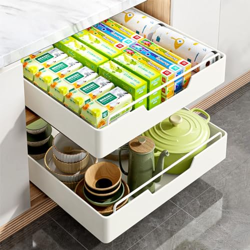 Organizador de gabinete extraíble fijo con nanopelícula adhesiva, estantes deslizantes para despensa,Organizador Bajo Fregadero, organizador de cajones extensible(1...