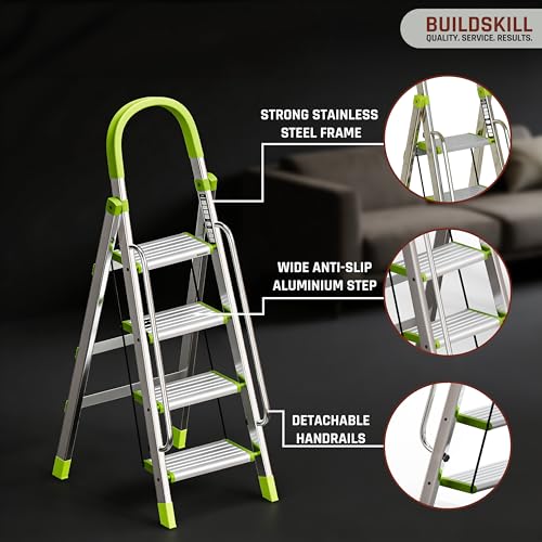 Image of BUILDSKILL Aluminium Ladder for Home 4 Steps | 33x16cm Wide Anti-Slip Aluminium Steps | Stainless Steel Body | Handrails | Load 150 Kg | Foldable Lightweight 4.75KG Ladder for Kitchen, Office & Home