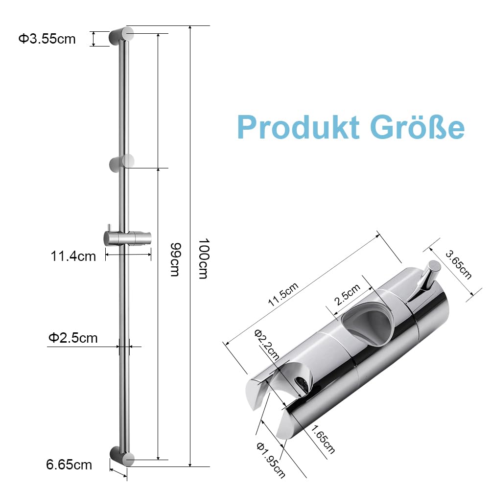 OFFO Duschstange Brausestange 100cm, wandmontierte Duschstange, verstellbarer Abstand 60 bis 100cm, mit Handbrausenhalterung, Ersatz für Dusche, Chrom