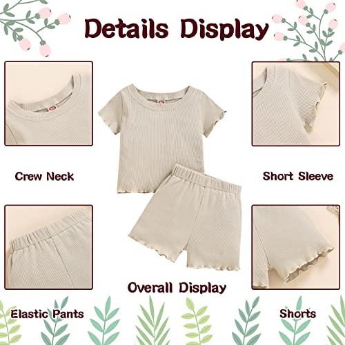 Image of Toddler Girl Clothes Summer Outfit Short Sleeve Shorts Set 12M-5T | Soft ribbed knit toddler girl outfit with breathable fabric, ruffle top, comfy shorts and stretchy fit for summer daily wear.