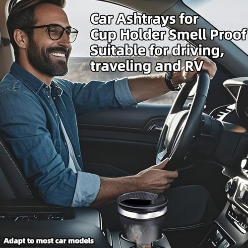 Image of Car Ashtray Smell Proof with Lid,Smokeless Ashtray for Car cup holder with Carbon Fiber Pattern, Portable Ash Tray Ceramic Inner Wall with LED, Men's Gift for Travel, RV,Outdoor,Home