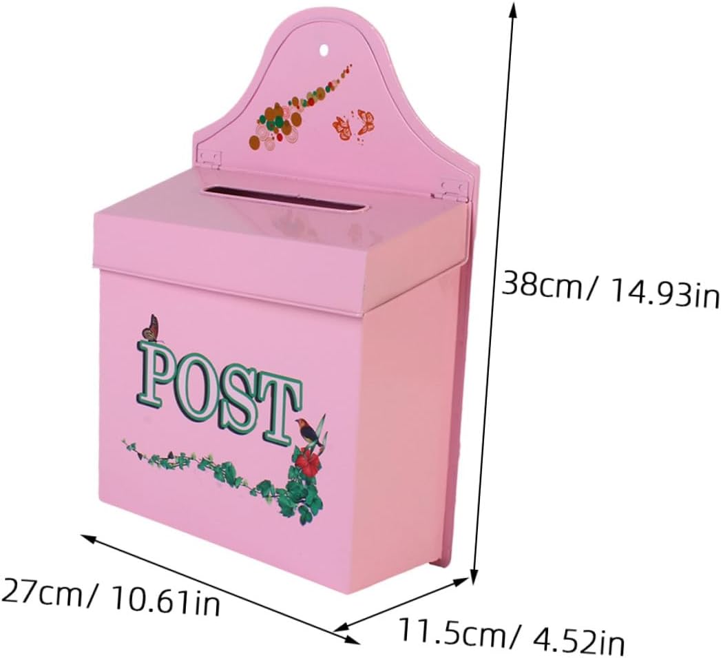 Uonlytech Vintage Wall Mount Mailbox, Retro Iron Decorative Mail Box Wall Mounted for Outdoor Use, Locking Farmhouse Style Post Box with Pink Finish for Home and Garden