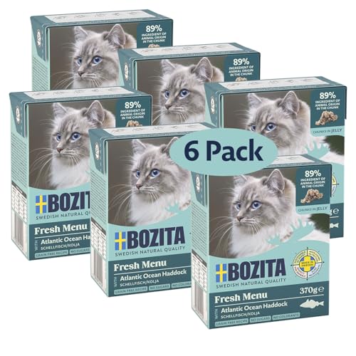 Bozita Tetra Nassfutter mit Schellfisch in Gelee – 6x370g getreidefreies Katzenfutter ohne Zuckerzusatz & ohne Gentechnik – ausgewogen, lecker mit 7,5% Protein & 5% Fettgehalt
