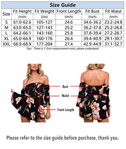 Relipop Women's Summer Floral Off Shoulder 3 4 Sleeves Romper Jumpsuit (Small, Black) #TOP4