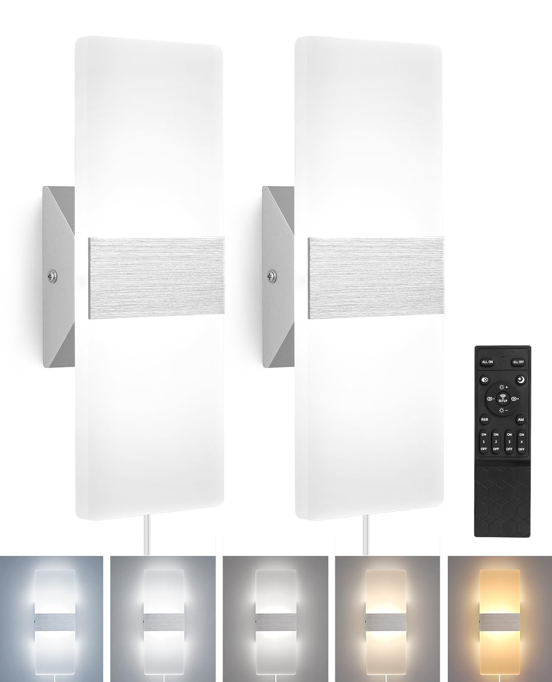 LARICH Plug in Wall Sconces with Remote, 3000K-6500K Stepless Color Temperature, 10%-100% Stepless Dimmable, 12W Plug in Wall Light, LED Acrylic Wall Sconces Set of Two (2Pack, Silver)