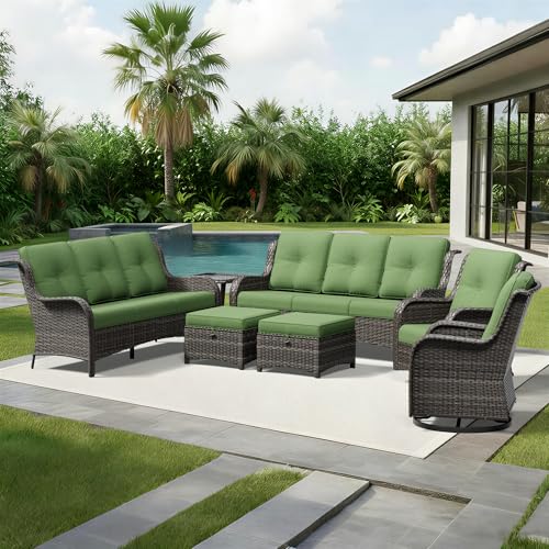 Image of Joyside 7 Piece Wicker Patio Furniture Set, Outdoor Swivel Rocker Patio Chairs with High Back, Deep Seating, Wide Armrest, Thickened Cushions, Outdoor Furniture for Deck, Porch Use