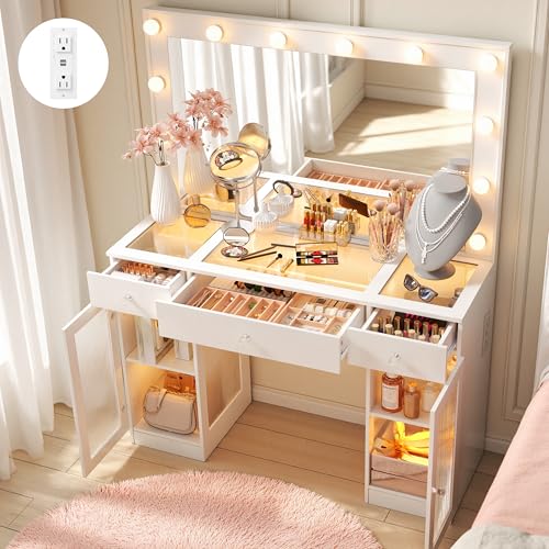 Image of Makeup Vanity Desk with 36.9" Pro-sized Mirror and Lights, Glass Top Vanity with 2 Taller Acrylic Cabinets & 3 Lighted Drawers, Girls Dressing Table with Charging Station & Hollywood Bulbs, White