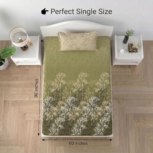 Image of Mafatlal 186 TC Autumn Delight Cotton Single Bedsheet | 60 x 90 Inches | Lightweight & Breathable Summer Bed Sheet with 1 Pillow Cover | Soft Floral Printed Cooling Fabric | Green